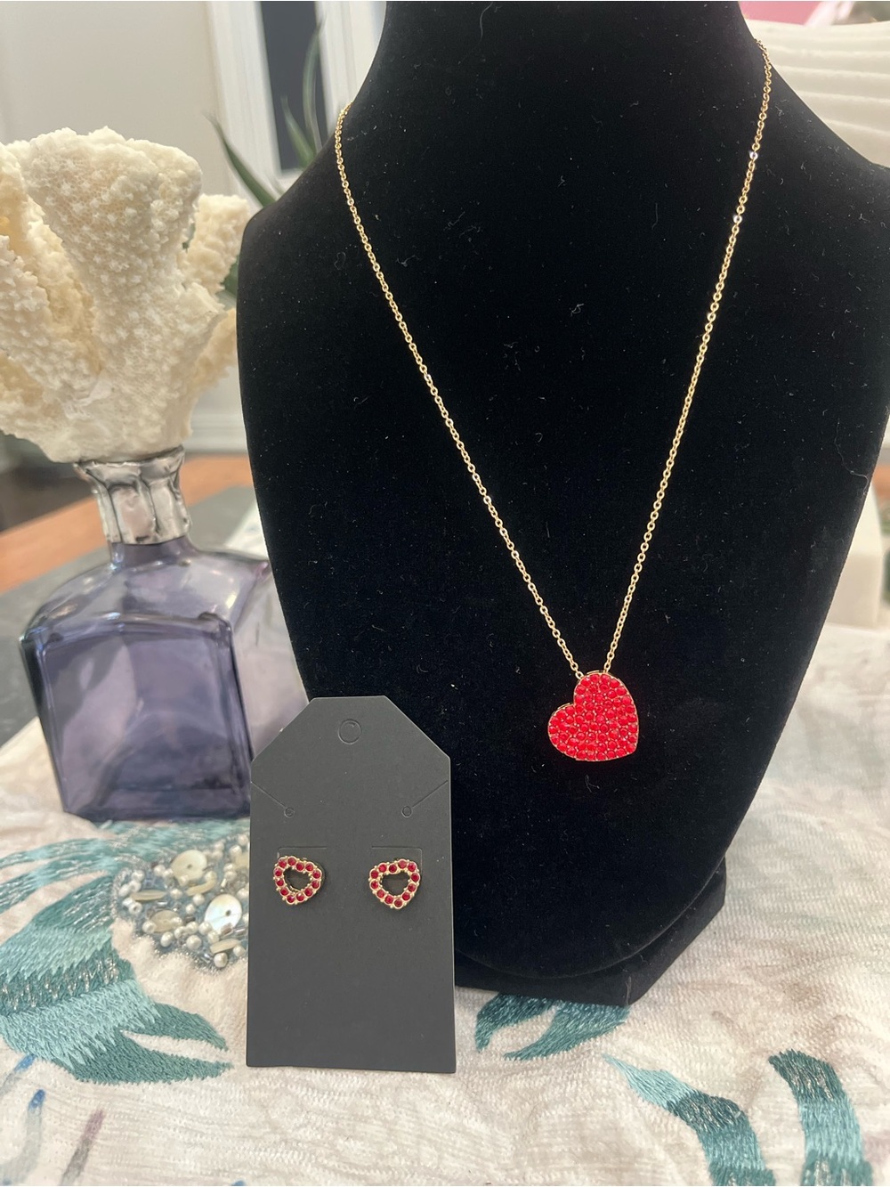 Brand New! XOXO Gold-Tone Necklace with Red Heart Pendant and Bonus Earrings